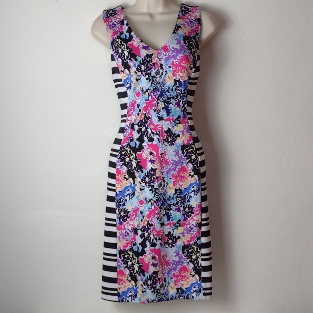 Nicole Miller Vibrant Floral Black Stripe & Color Block Super Cool Dress